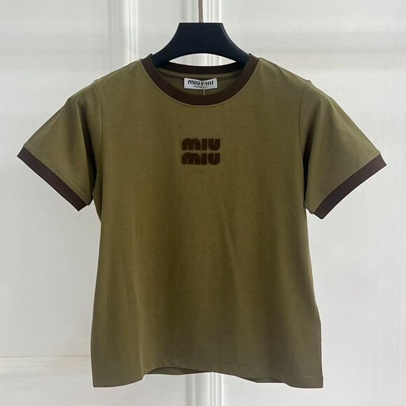 Miu Miu Tops - Miu Miu Olive Green Color-Blocked Flocked Logo Short-Sleeve T-Shirt, Size S
